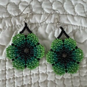Green and Black Beaded Flower Earrings Made in Ecuador